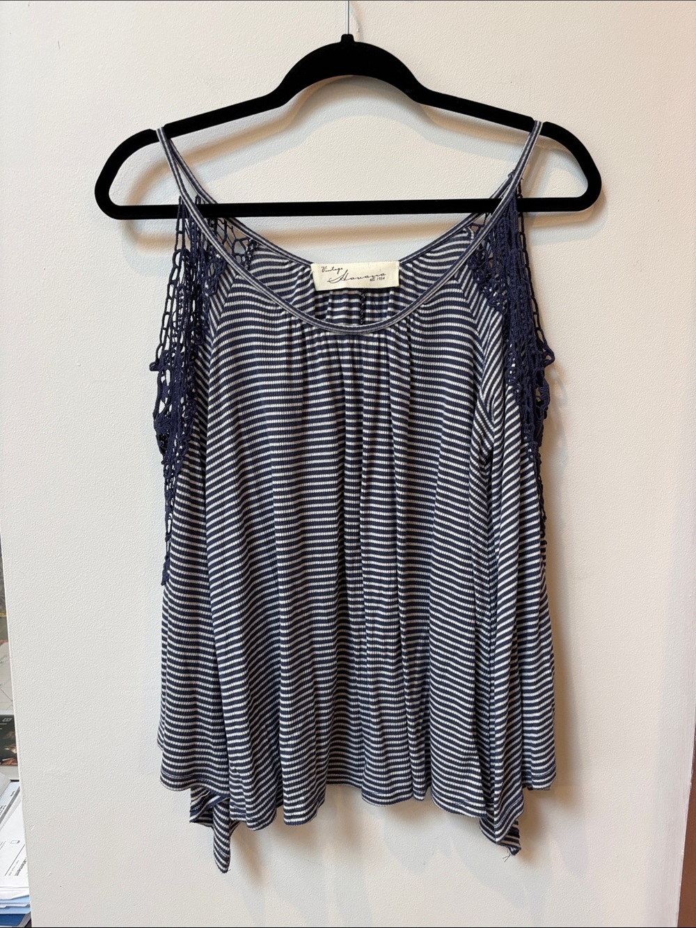 Vintage Havana Blue & White Striped Crochet-Trim Cold Shoulder Boho Style Top,S